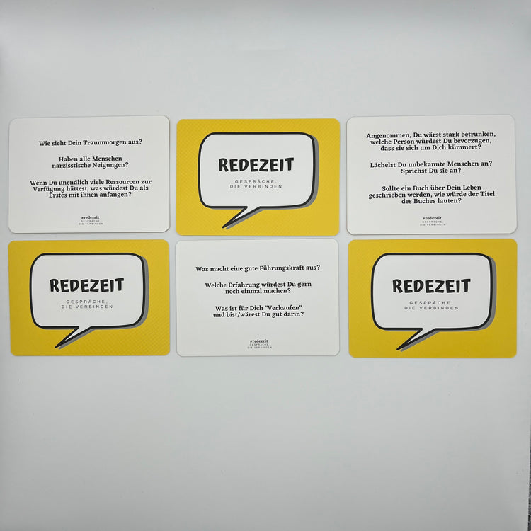 redezeit Klassik Edition sechs Karten versetzt nebeneinander