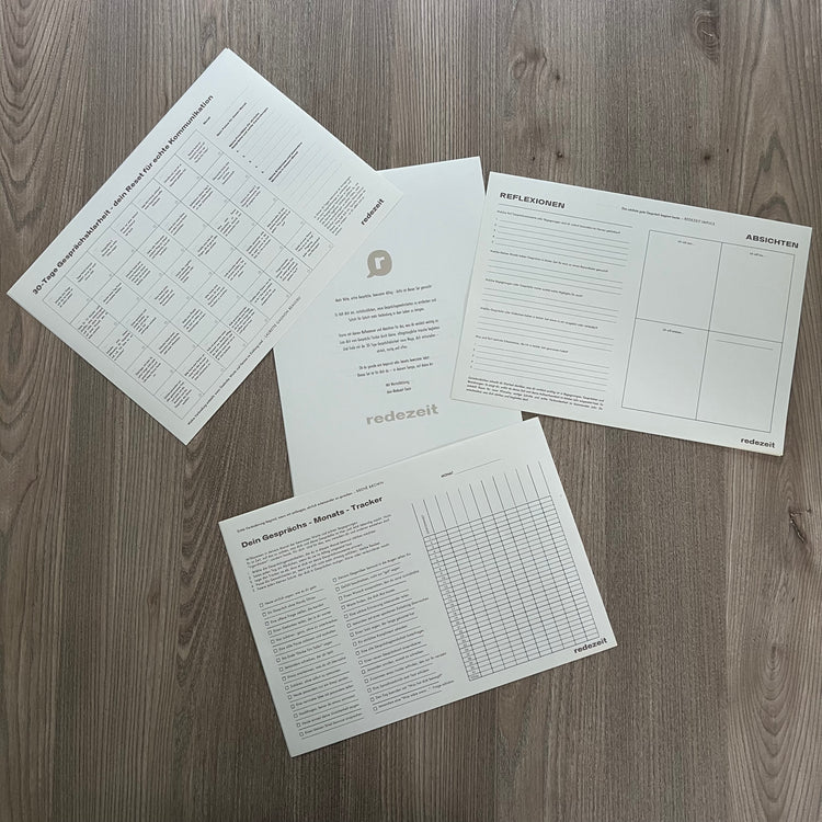 Kommunikationsguide Gesprächsgewohnheiten, die mir gut tun, Klassik-Variante, alle Seiten gefächert auf dem Boden