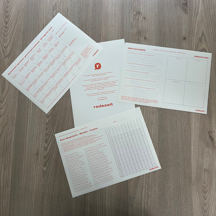 Kommunikationsguide Gesprächsgewohnheiten, die verbinden, Couple-Variante, alle Seiten gefächert auf dem Boden liegend